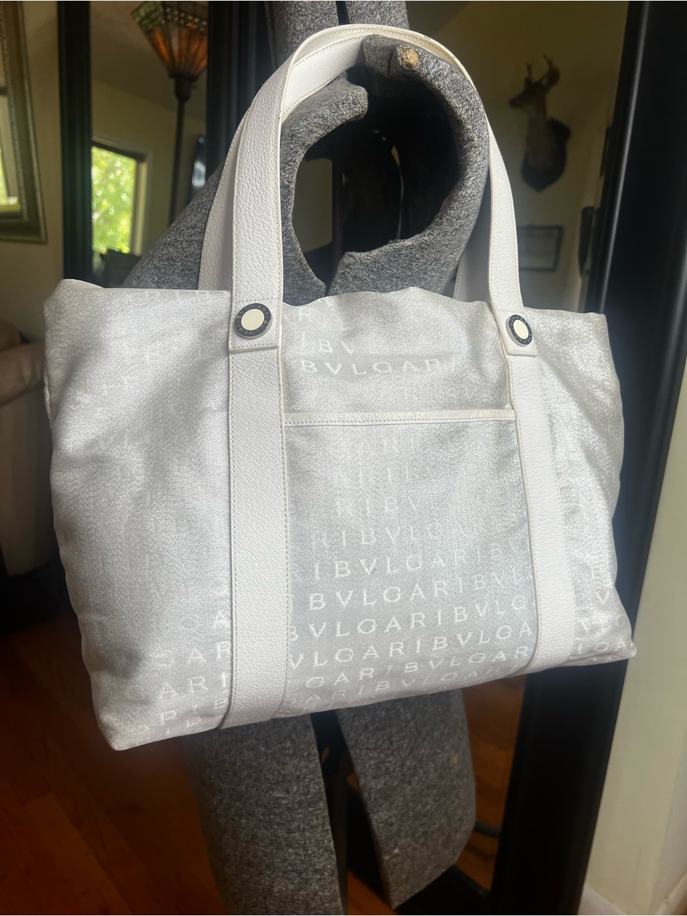 BVLGARI Logo Mania Tote Bag Silver White